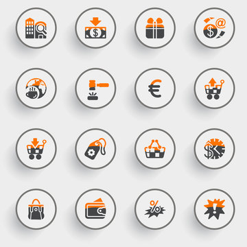 Commerce icons with white buttons on gray background.