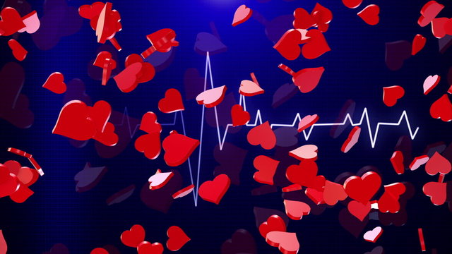 Abstract Hearts on blue ECG line background