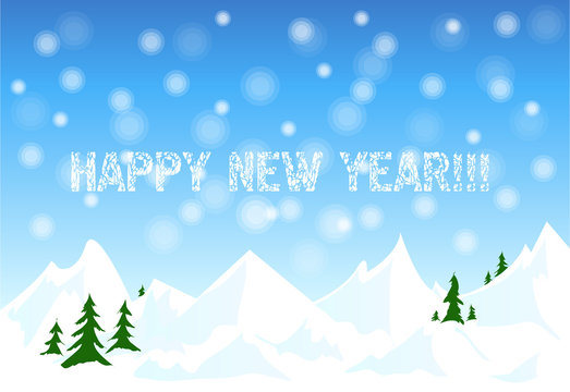 Happy new year card with winter snow landscape