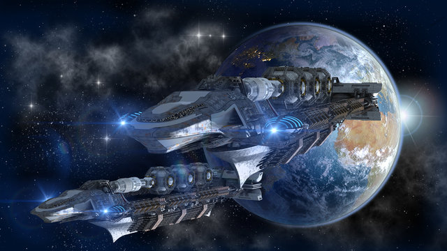 Spaceship fleet leaving Earth