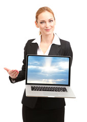 Woman holding laptop with screensaver, isolated on white