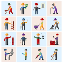 Construction worker icons flat