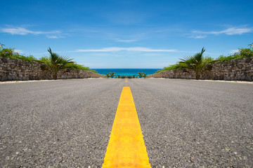 Road with yellow line ending in tropical sea, ocean