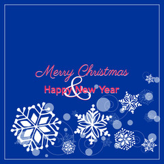 merry christmas card, white snowflakes on blue background