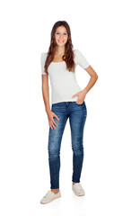 Obraz premium Smiling young girl with jeans standing