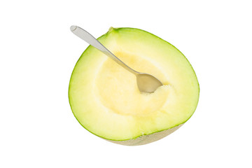 fresh cantaloupe melon with Spoon isolated on white background