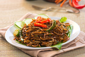 Thai food; spicy fried noodle with pork