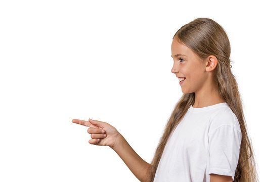 teenager girl pointing finger surprised white background