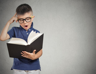 Boy with glasses reading book, isolated on grey wall background