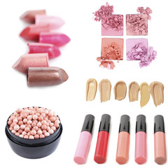 Cosmetics collage isolated on white