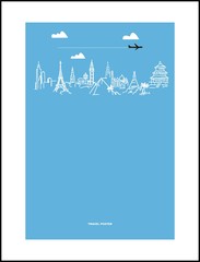 Travel and tourism poster . Drawn hands world attractions