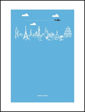 Travel and tourism poster . Drawn hands world attractions