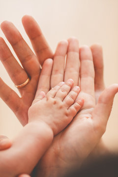 Newborn palm on the palm of his father and mother