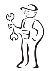 worker, plumber, man with wrench, vector symbol, illustration, web icon, transparent background