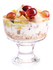 Healthy breakfast - yogurt with  fresh grape and apple slices