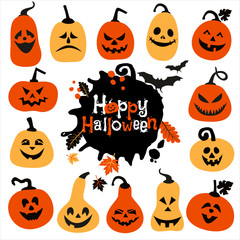 Halloween icon set of cheerful pumpkins.