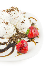 Ice cream with chocolate and strawberry