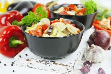Steamed vegetables in the ceramic pot
