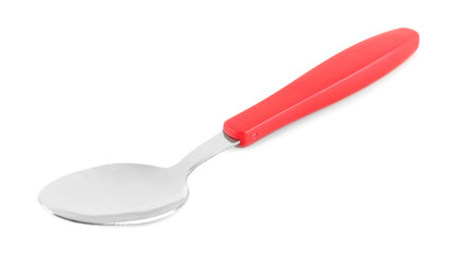 Metal spoon with red handle isolated on white