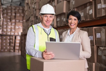 Warehouse worker and manager looking at laptop