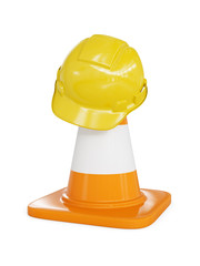Yellow hard hat on highway traffic cone
