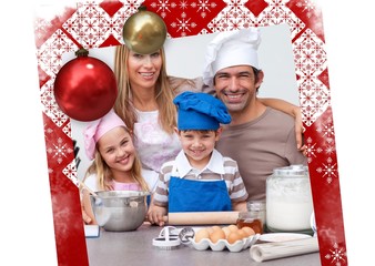 Smiling parents helping children baking in the kitchen