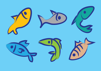 Six vector illustration of colorful fishes