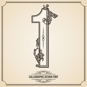 Calligraphic Font. Number 1. Vector Design Background