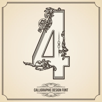 Calligraphic Font. Number 4. Vector Design Background