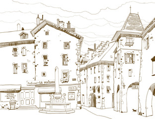 Graphic sketch depicting traditional urban European landscape