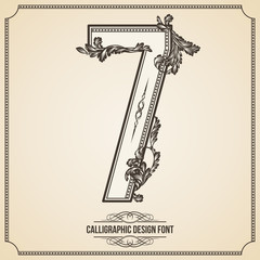 Calligraphic Font. Number 7. Vector Design Background