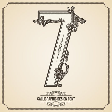 Calligraphic Font. Number 7. Vector Design Background