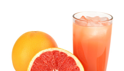 Cropped image sliced two grapefruits with juice isolated white