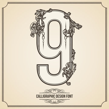 Calligraphic Font. Number 9. Vector Design Background