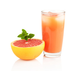 Studio shot sliced grapefruit juice mint isolated white