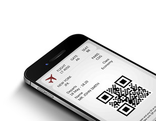 mobile phone with mobile boarding pass isolated over white