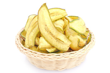 Fototapeta na wymiar Banana crisp , fried thinly sliced banana chips, a tropical snac