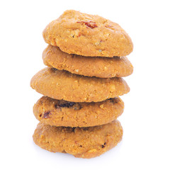 Oatmeal cookies with raisin on a white background