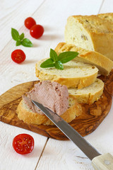Snack: French maize bread, pate and three tomatoes
