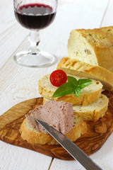 French Snack: French maize bread, pate and glass of red wine