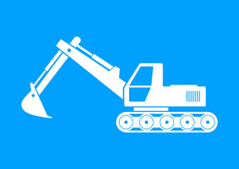 White excavator icon on blue background