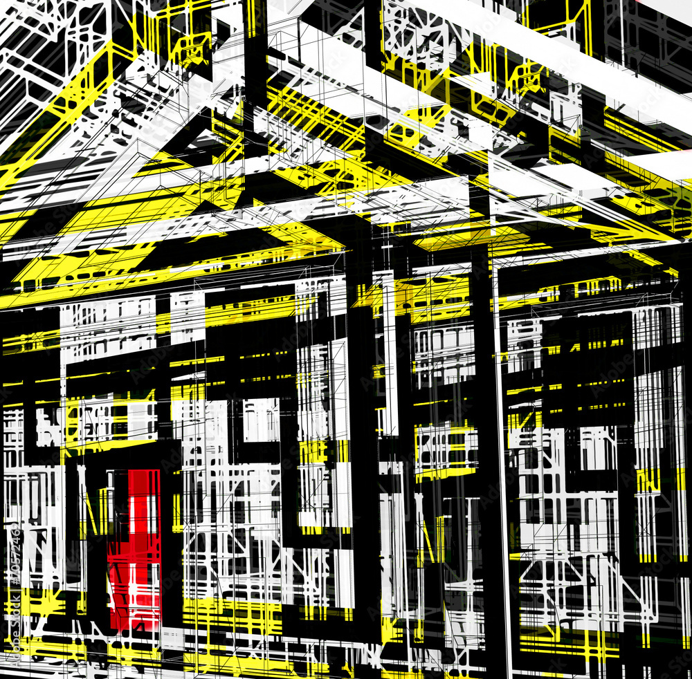 Poster architectural line abstract with splashes of red and yellow