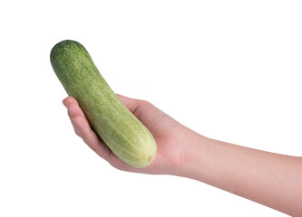 hand holding cucumber on white background