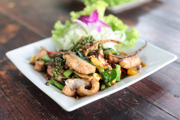 Thailand food fried pepper vegetable and fish in the dinner