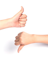 Thumbs up and down on a white background