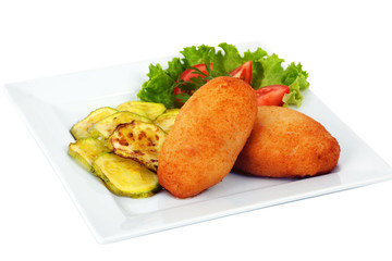cutlet with zucchini, tomato and lettuce