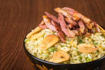 japanese cuisine. ginger fried rice on the background