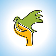 fly of bird to hand. creative idea