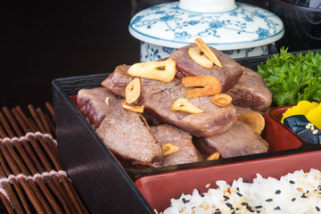 japanese cuisine. beef cube on the background