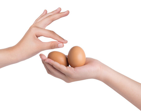 hand holding eggs over white background